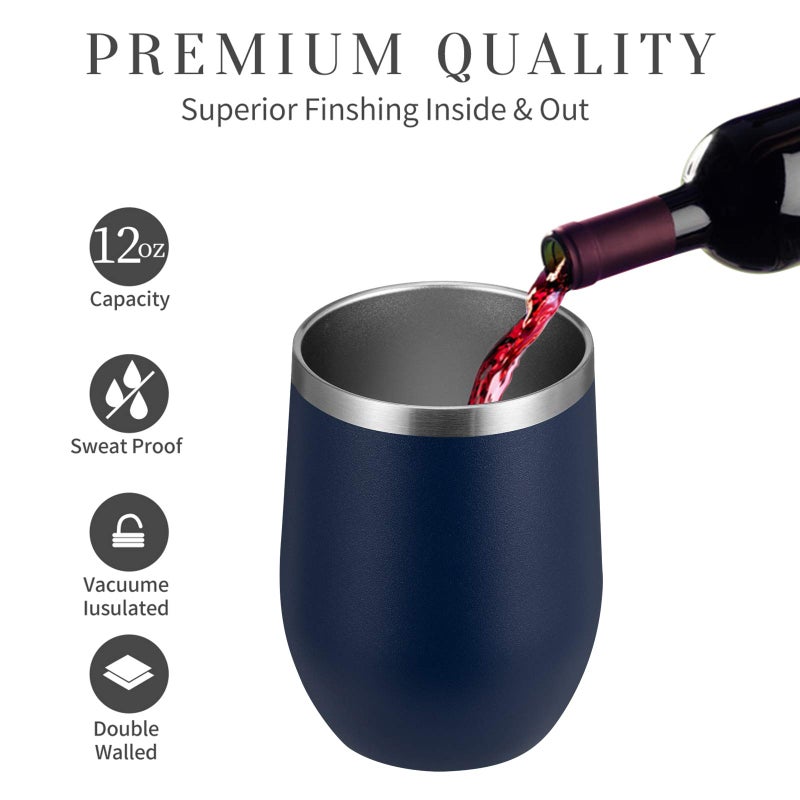 MEWAY Stemless 12oz Wine Tumbler Glasses with Lid -Insulated Double Wall Vacuum Stainless Steel Travel Tumbler with Straw,for Woman Under 10 dollars (Navy,1) - Image 2